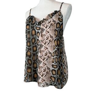 Adrienne Snakeskin Print Flowy Ruffle Cami Blouse Gold Brown Teal Lined Small
